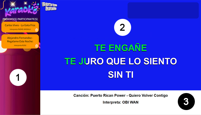 Pantalla del karaoke de Karaoke Space con la lista de turnos y el video